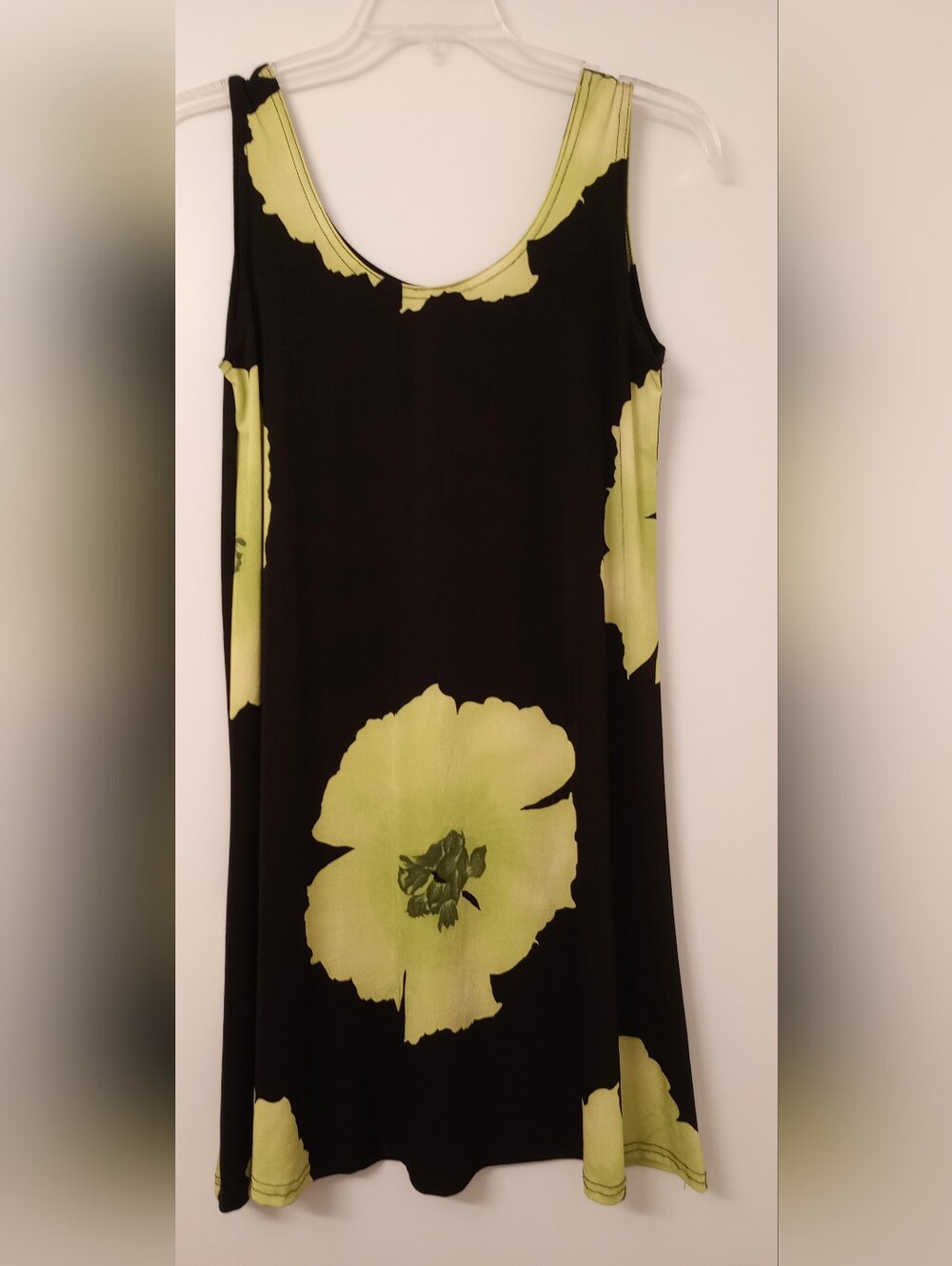 Sleeveless Black Dress with Lime Neon Green Floral Print, Size M,